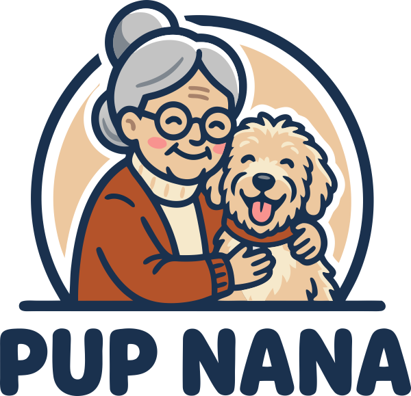 Pup Nana logo showing a grandmother hugging a happy dog